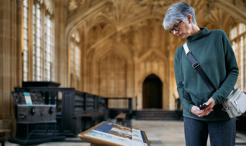 Close up person looking at old interpretation panel Divinity School