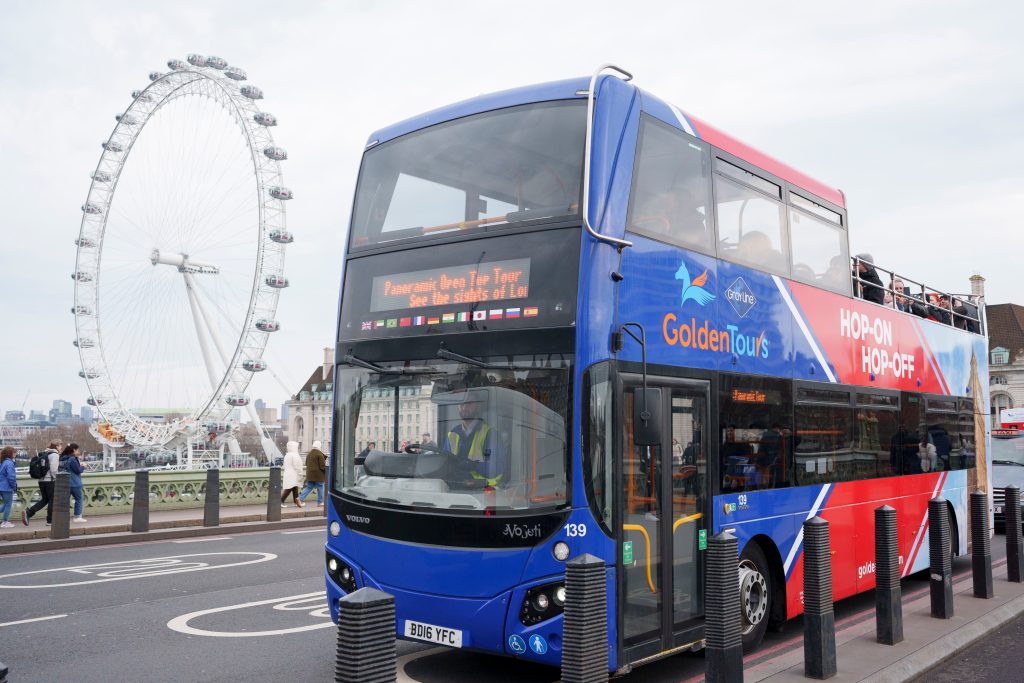 A photo of a Golden Tours hop-on hop-off bus.